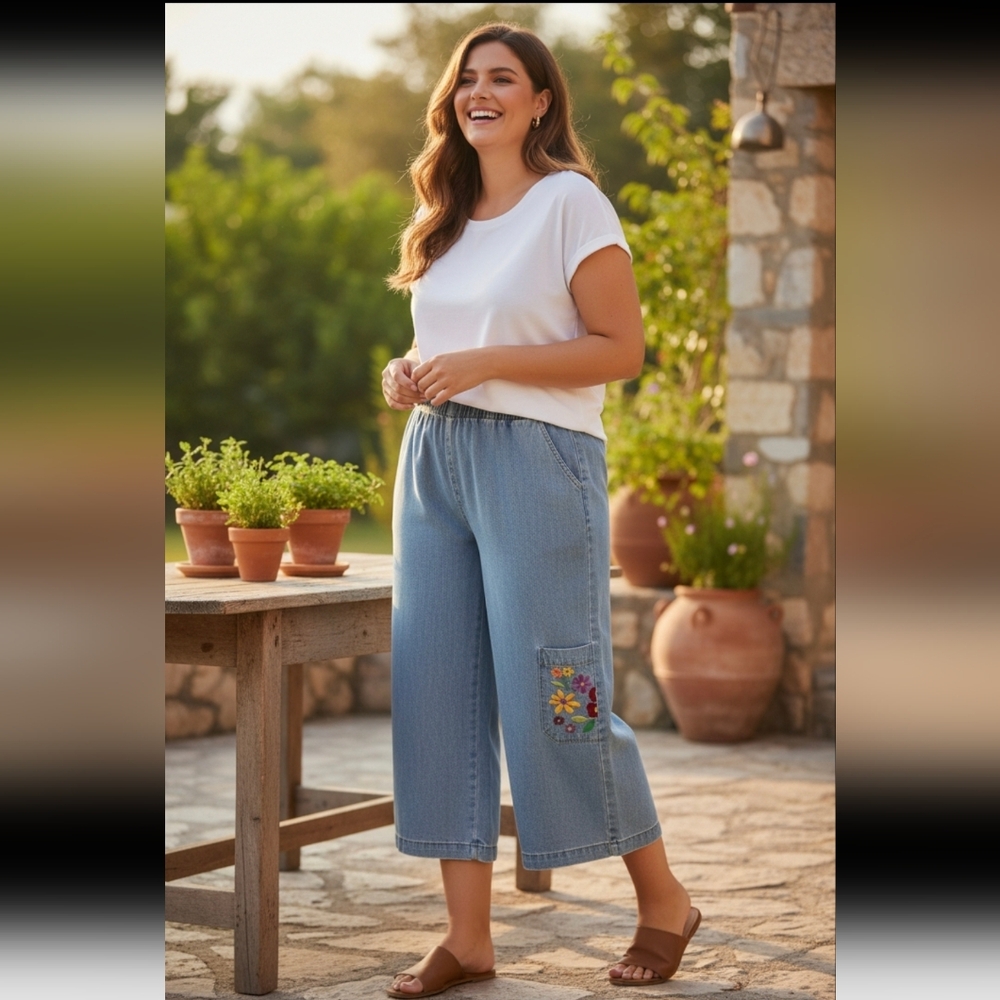 🌸 SALE! NWT Light Blue Wide Leg Cargo Capri Jeans with Embroidery